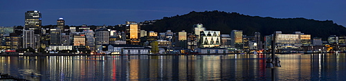 Panorama of Wellington city and waterfront at dawn, Wellington, North Island, New Zealand, Pacific