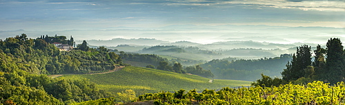 Early morning panoramic view of misty hills, near San Gimignano, Tuscany, Italy, Europe