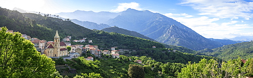 Panorama of village and mountains near Corte, Corsica, France, Europe