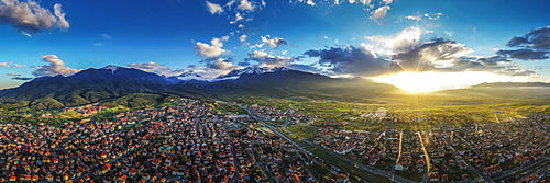 Aerial view by drone of Bansko and Pirin National Park, UNESCO World Heritage Site, Bankso, Bulgaria, Europe