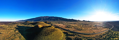 Aerial view of volcanic landscape and Mauna Kea, 4207m, Big Island, Hawaii, United States of America, North America