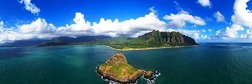 Aerial view by drone of Kaneohe Bay and Mokolii island, Oahu Island, Hawaii, United States of America, North America