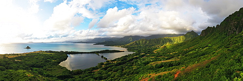 Aerial view by drone of Kaneohe Bay, Oahu Island, Hawaii, United States of America, North America