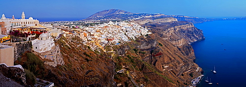 Elevated view over the volcanic landscape and main town of Fira, Santorini (Thira), Cyclades Islands, Aegean Sea, Greek Islands, Greece, Europe