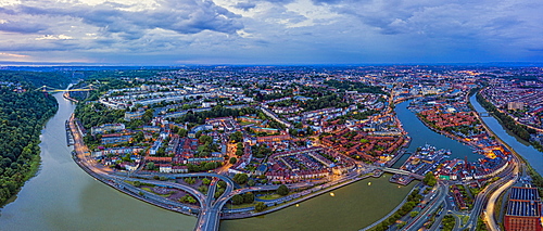 Aerial view over the Avon Gorge, Clifton, Hotwells and city centre, Bristol, England, United Kingdom, Europe