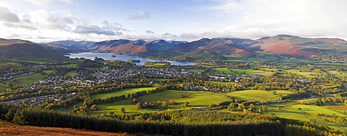 View over Keswick and Derwent Water from the Skiddaw Range, Lake District National Park, Cumbria, England, United Kingdom, Europe