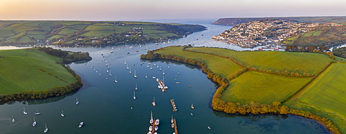 Aerial panorama by drone of Kingsbridge Estuary and Salcombe, South Hams, Devon, England, United Kingdom, Europe