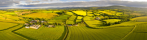 Aerial view by drone of beautiful rolling countryside near Livaton, Devon, England, United Kingdom, Europe