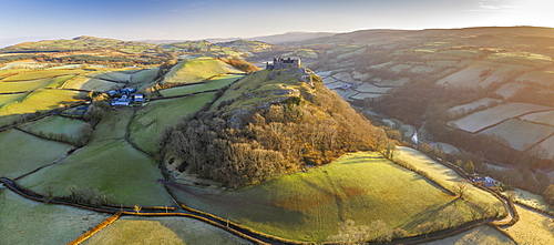 Aerial vista by drone of Carreg Cennen Castle, Brecon Beacons National Park, Carmarthenshire, Wales, United Kingdom, Europe