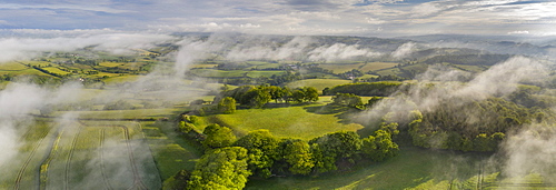 Aerial vista of Cadbury Castle Iron Age Hillfort, Devon, England, United Kingdom, Europe