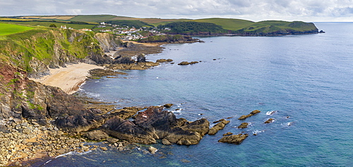 Aerial panoramic vista of Hope Cove in the South Hams, , United Kingdom, Europe. Summer (June) 2020.