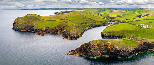 Aerial vista of Port Quin on the North Cornish coast, Cornwall, England, United Kingdom, Europe