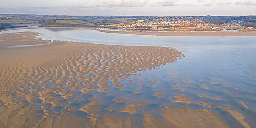 Aerial view of Padstow and the Camel Estuary at low tide in spring, Padstow, Cornwall, England, United Kingdom, Europe