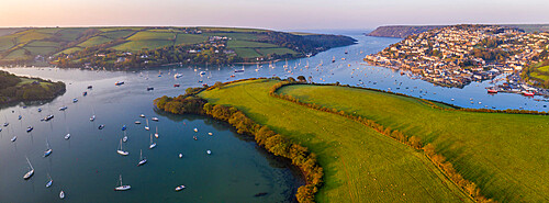 Aerial vista of Salcombe and the Kingsbridge Estuary, South Hams, Devon, England, United Kingdom, Europe