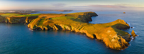 Aerial view of The Rumps cliffs and coastline near Pentire Point, North Cornwall, England, United Kingdom, Europe