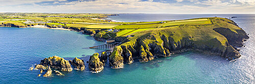 Aerial vista of Trevose Head, Padstow Lifeboat Station and Mother Iveys Bay, North Cornwall, England, United Kingdom, Europe