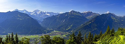 View of Jungfrau, Monch and Eiger mountains from Harder Kulm, Interlaken, Jungfrau Region, Bernese Oberland, Switzerland