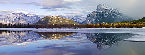 Vermilion Lakes in winter with Fairholme Mountain Range and Mount Rundle reflecting in lake, Banff National Park, UNESCO World Heritage Site, Alberta, Rocky Mountains, Canada, North America