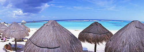 Panorama view of palapas on beach and sea, Mayan Riviera, Akumal, Yucatan, Quintana Roo, Mexico, North America