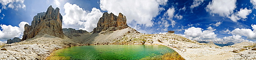 360Â° panoramic view of the Pisciadu peak and a hut on the Sella massif from Lake Pisciadu, Passo Gardena, province of Bolzano-Bozen, Italy, Europe