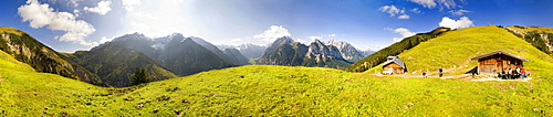 360 Â° panoramic view, mountain cabin, view of Grosser Ahornboden, Karwendel, Austria, Europe