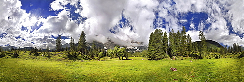 360 Â¬âˆž mountain panorama with unusual cloud formation, mountain forest and maple trees, Kleiner Ahornboden, Karwendel, Tyrol, Austria, Europe