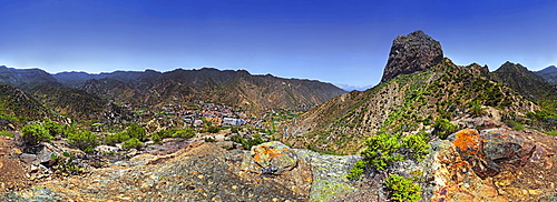 360Â¬âˆž panorama of the striking volcanic vent Roque El Cano, Vallehermoso, La Gomera, Canary Islands, Spain, Europe