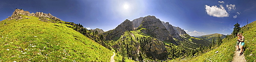 360Ã‚Â¬Ã¢Ë†Å¾ panoramic view from Mt Aferer Geisler with hikers at Wuerzjoch, Passo delle Erbe, Villnoess, Funes, Dolomites, South Tyrol, Italy, Europe