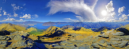 360  panoramic view from summit of Ben Lomond, Lake Wakatipu, Queenstown, Otago Region, South Island, New Zealand, Oceania