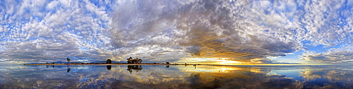 360 panorama of the Carters Beach at sunset, water reflection, Westport, West Coast, Southland, New Zealand, Oceania