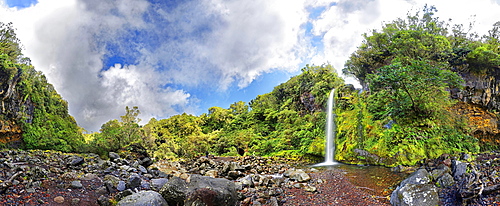 360 panoramic view of the Dawson Falls waterfall in the middle of a tropical rainforest, Dawson Falls, Mount Taranaki or Mount Egmont, Whanganui National Park, North Island, New Zealand, Oceania