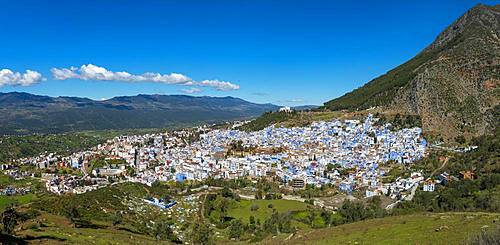 View on blue houses of the medina of Chefchaouen, Chaouen, reef mountains, Tangier-Tetouan, Morocco, Africa