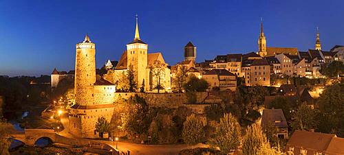 Old Water Art, St. Michael's Church, Petridom and Town Hall Tower at Night, Bautzen, Oberlausitz, Saxony, Germany, Europe