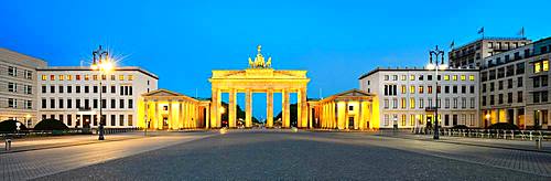 Pariser Platz with illuminated Brandenburg Gate at dawn, Berlin, Germany, Europe