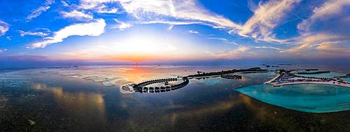 Aerial view, panorama, lagoon of the Maldives Islands Olhuveli and Bodufinolhu respectively Fun Island Resort, South-Male-Atoll, Maldives, Asia