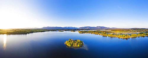 Sunrise at Lake Staffelsee with Muehlwoerth Island, aerial view, Alpine foothills, Upper Bavaria, Bavaria, Germany, Europe