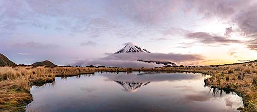 Water reflection in Pouakai Tarn Mountain Lake at sunset, Stratovolcano Mount Taranaki or Mount Egmont, Egmont National Park, Taranaki, New Zealand, Oceania