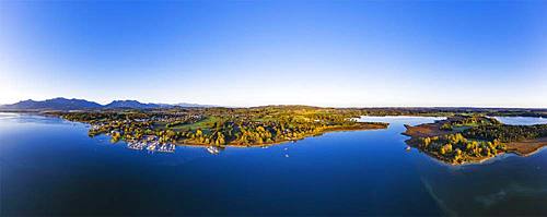 Prien am Chiemsee and Schafwaschener Bucht with peninsula Sassau, Chiemsee, Chiemgau, aerial view, Upper Bavaria, Bavaria, Germany, Europe