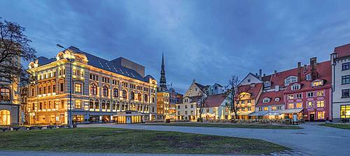 Concert Hall Large Guild, Square, illuminated, dusk, Old Town, Riga, Latvia, Europe