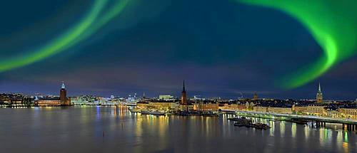 Northern lights, panorama over Stockholm, Sweden, Europe