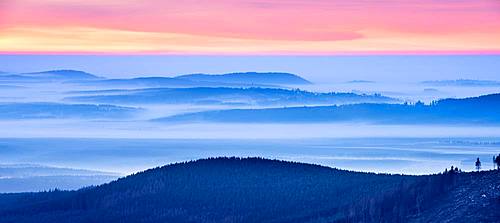 Sunrise on the Brocken, view over hills and forests with valley fog, Harz National Park, Saxony-Anhalt, Germany, Europe