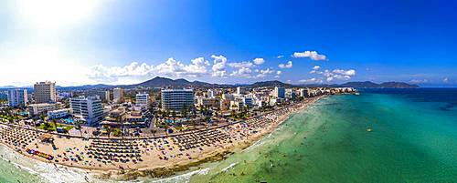 Aerial view, bathing bay of Cala Millor and Cala Bona, region Llevant, Majorca, Ballearen, Spain, Europe