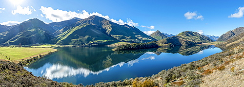 Panorama, mountains reflected in a lake, Moke Lake near Queenstown, Otago, South Island, New Zealand, Oceania