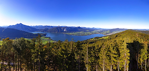 View from the observation tower Kulmspitze into Mondseeland and Schafberg, Mondsee, Salzkammergut, Upper Austria, Austria, Europe