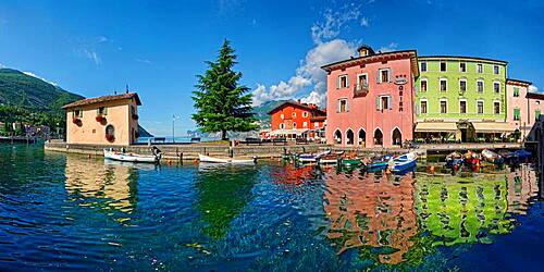 Small harbour with colourful boats, Turbel, Lake Garda North, Riva de Gardo, Trentino-Alto Adige, Italy, Europe