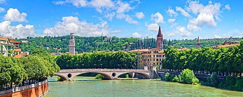 River Adige with Ponte della Vittoria, Ponte Scaligero, Verona, Veneto, Italy, Europe