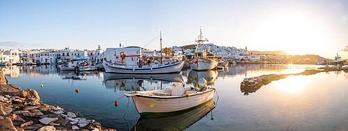 Evening atmosphere, harbour with fishing boats, Naoussa harbour town, Paros island, Cyclades, Greece, Europe