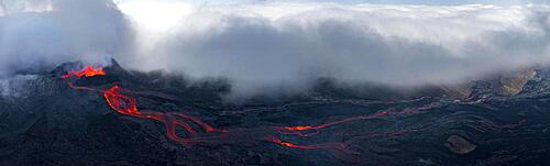 Aerial view, erupting volcano with lava fountains and lava field, crater with erupting lava and lava flow, Fagradalsfjall, Reykjanes Peninsula, Iceland, Europe