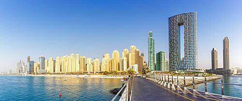 Dubai Jumeirah Beach JBR Beach Sea Marina Skyline Architecture Vacation Panorama in Dubai, United Arab Emirates, Asia