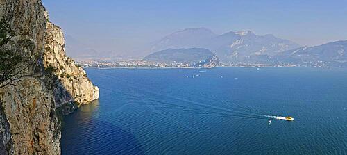 View of northern Lake Garda from the old coastal road and hiking trail Via Ponale, Riva del Garda, Lake Garda North, Trento, Trentino-Alto Adige, Italy, Europe